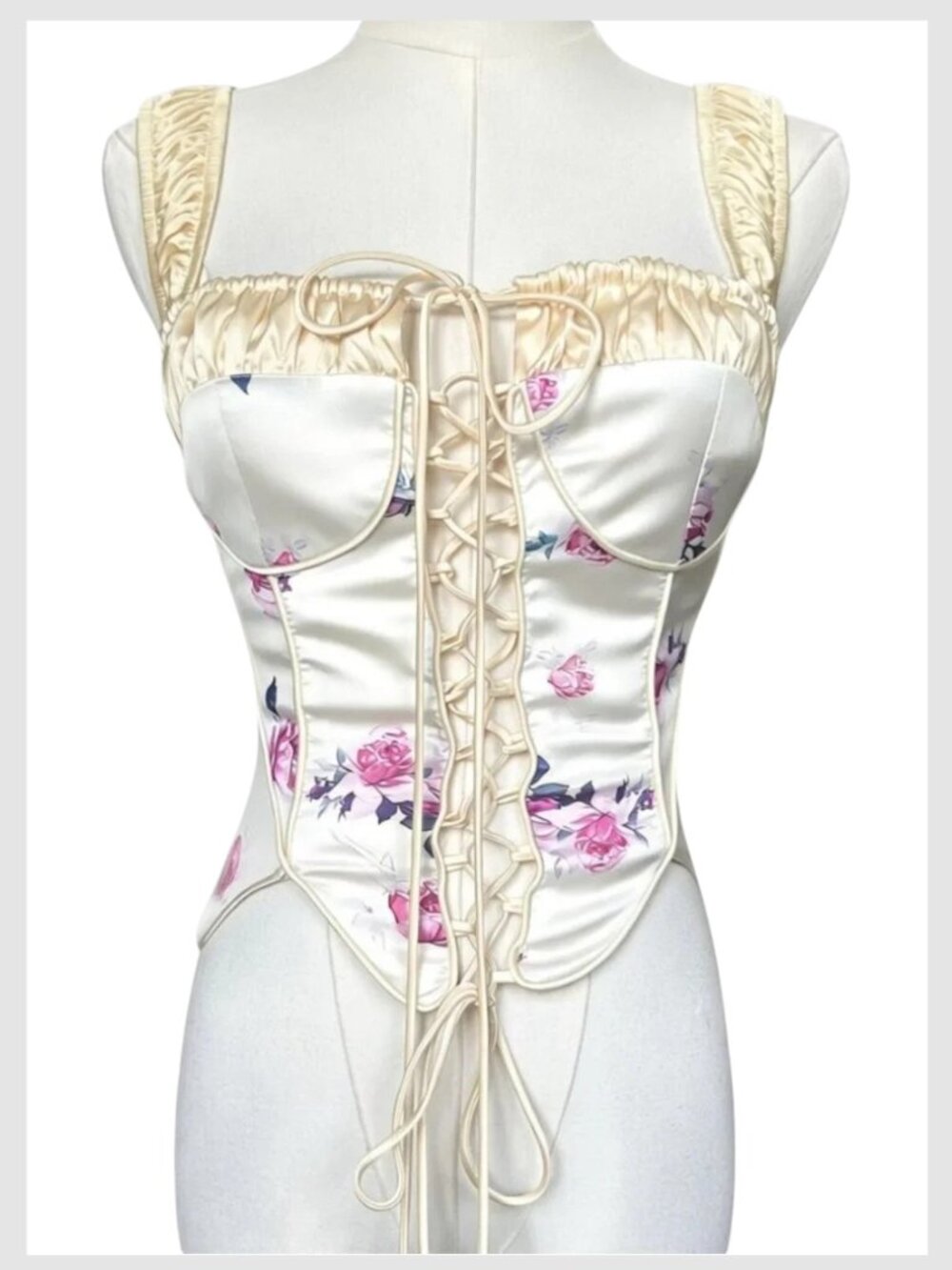 Fashion Nova Corset Top Ivory Floral Lace-Up Structured M